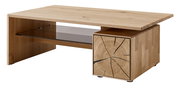 Moderner Couchtisch aus Holz mit Glasablage und einzigartigem Baumstamm-Design an der Seite, seitliche Perspektive.