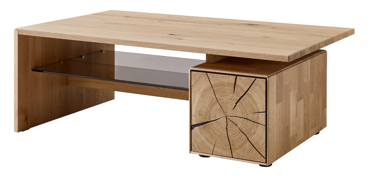 Moderner Couchtisch aus Holz mit Glasablage und einzigartigem Baumstamm-Design an der Seite, seitliche Perspektive.
