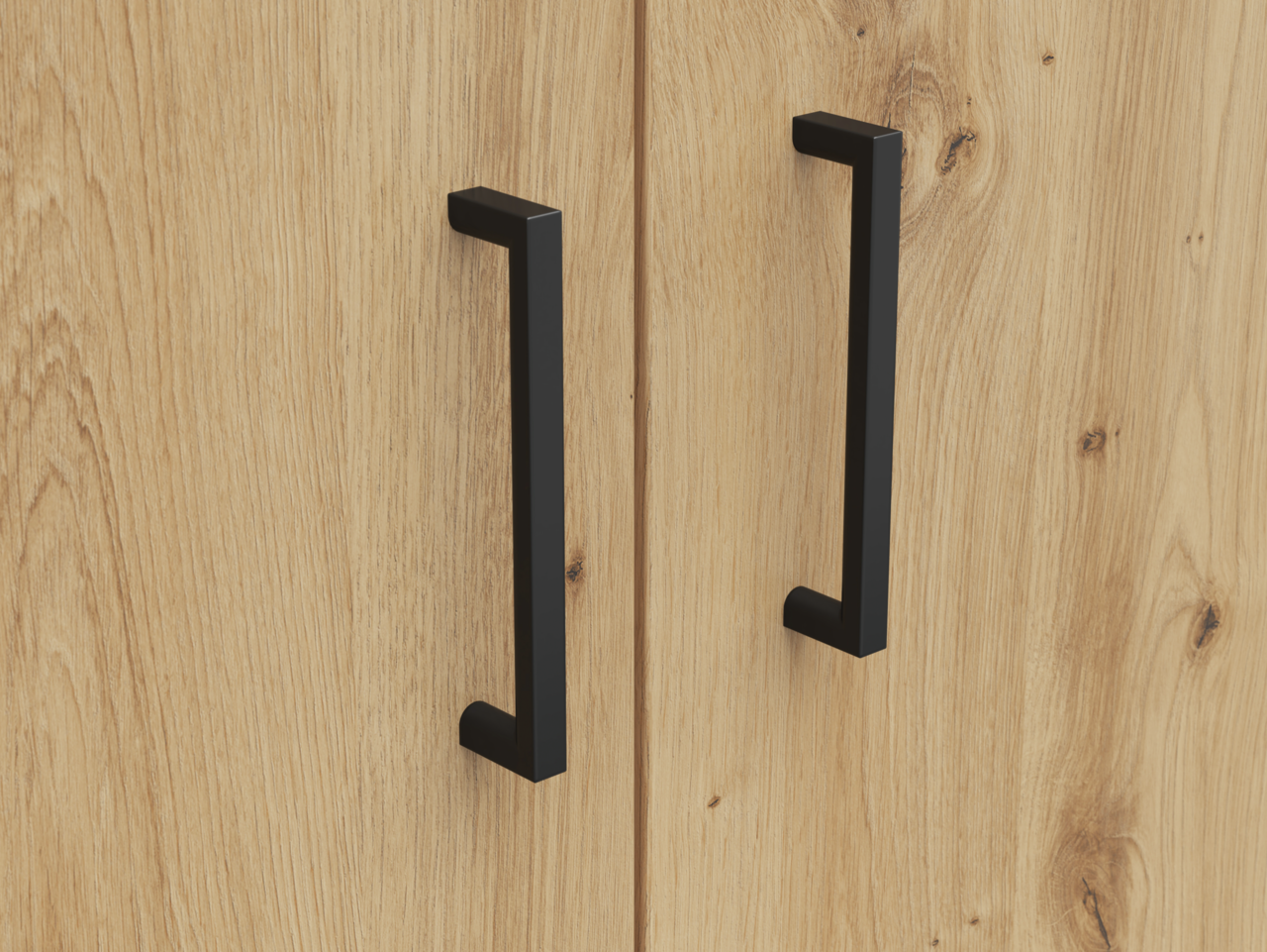 Carryhome Kommode MULTISTAURAUM Nahaufnahme von zwei schwarzen Griffen auf einer Holzkommode, frontale Perspektive