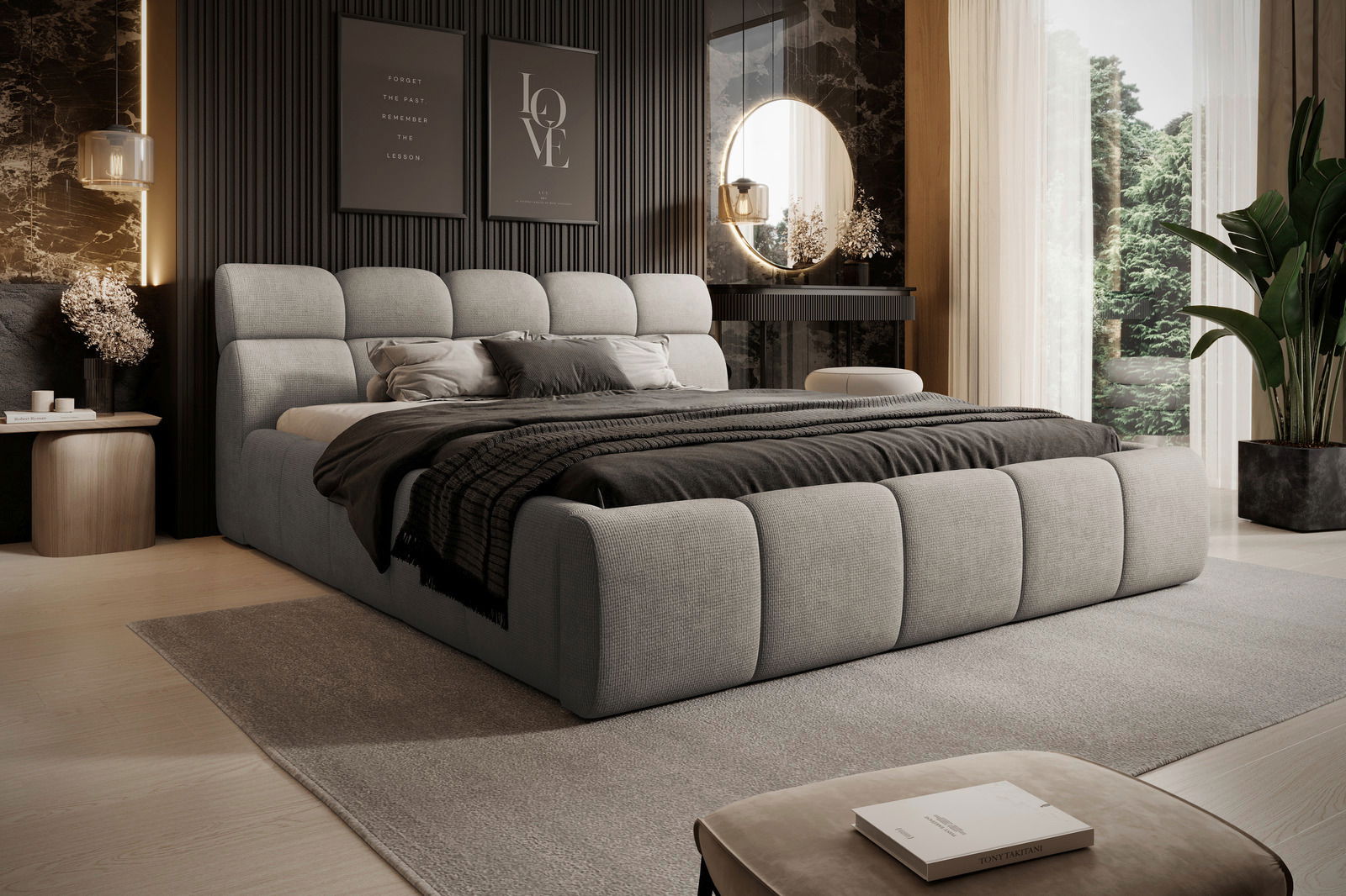 Modernes Polsterbettgestell in einem stilvollen Schlafzimmer, seitliche Perspektive