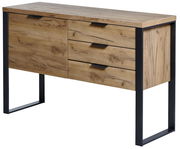 Modernes Sideboard aus Holz mit drei Schubladen und einer Tür, Metallbeine, Perspektive von vorne rechts