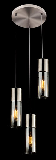 Moderne Hängeleuchte mit drei zylindrischen Lampenschirmen aus Metall und Glas, von unten betrachtet.