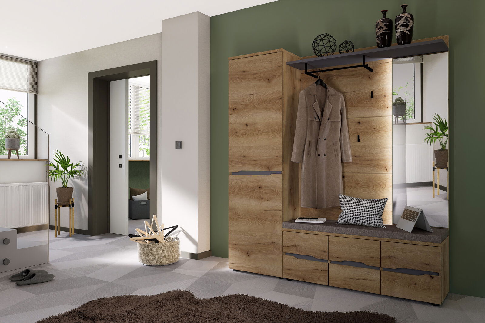 Garderoben-Set in Holzoptik mit Schrank, Sitzbank und Spiegel, seitliche Perspektive