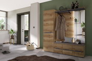 Garderoben-Set in Holzoptik mit Schrank, Sitzbank und Spiegel, seitliche Perspektive