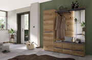 Garderoben-Set in Holzoptik mit Schrank, Sitzbank und Spiegel, seitliche Perspektive