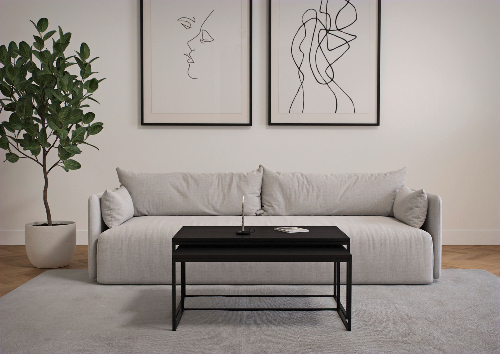 Modernes Couchtisch-Set in schwarzem Design, vor einem hellgrauen Sofa mit minimalistischer Kunst an der Wand, aus der Frontalperspektive.