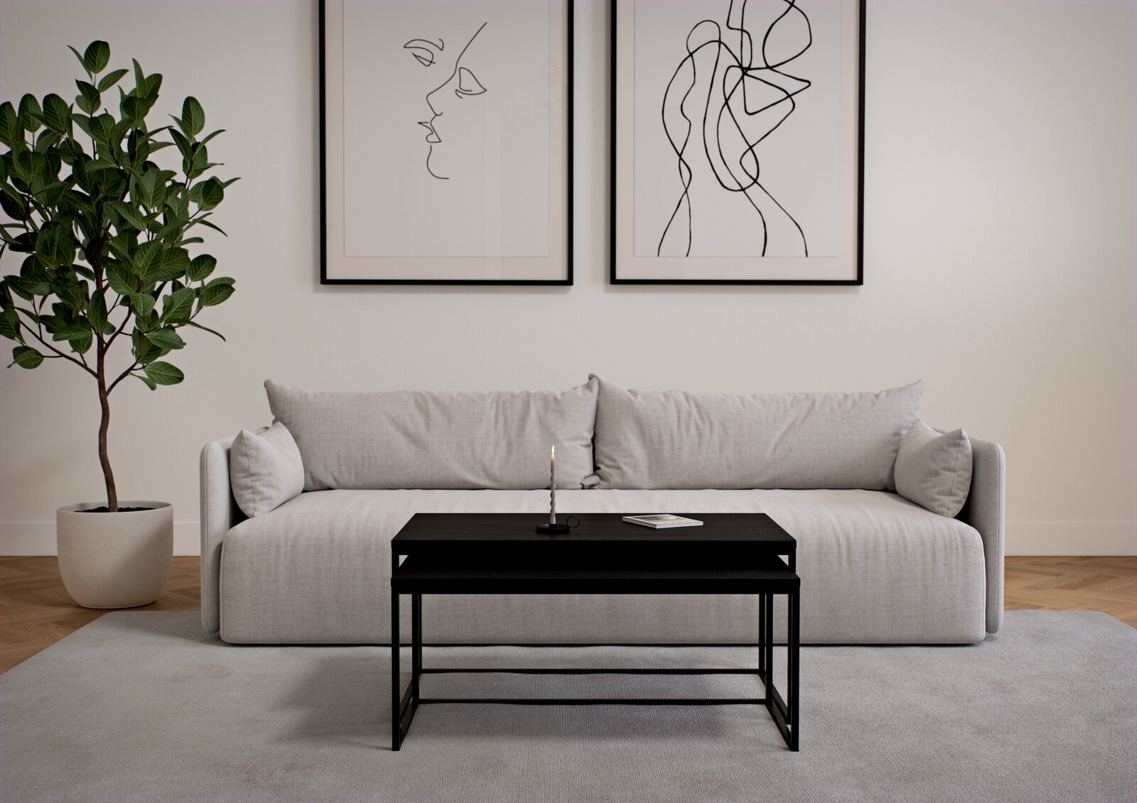 Modernes Couchtisch-Set in schwarzem Design, vor einem hellgrauen Sofa mit minimalistischer Kunst an der Wand, aus der Frontalperspektive.
