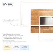 Moderne LED-Deckenleuchte mit Holz- und Metallelementen, inklusive Fernbedienung zur Einstellung der Farbtemperatur. Draufsicht.