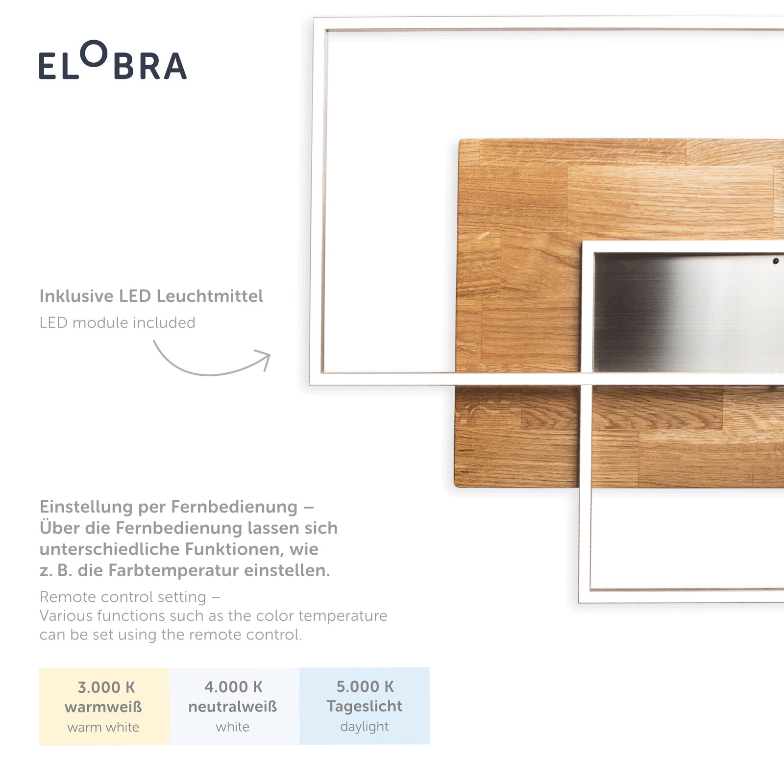 Moderne LED-Deckenleuchte mit Holz- und Metallelementen, inklusive Fernbedienung zur Einstellung der Farbtemperatur. Draufsicht.