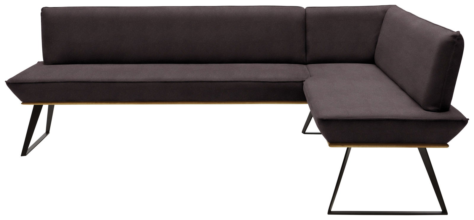 Moderne Eckbank in dunklem Stoffbezug mit Metallbeinen, Perspektive von vorne