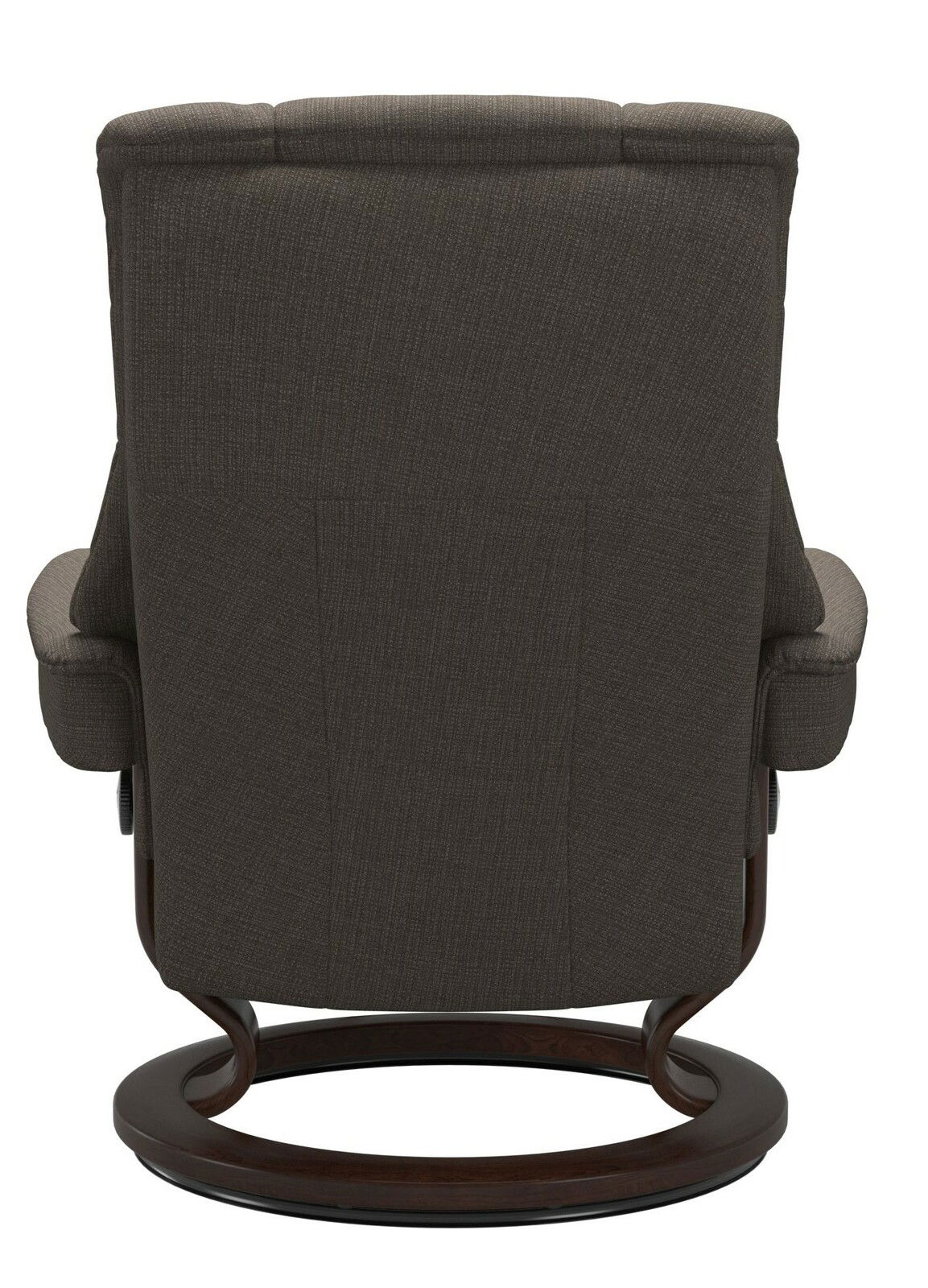 Stressless Fauteuil RENO Rückansicht eines Stressless Einzelsessels RENO mit dunkelbraunem Stoffbezug und Holzgestell.