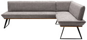 Graue Eckbank mit modernem Design, Metallbeinen und Polsterung, Perspektive von vorne.