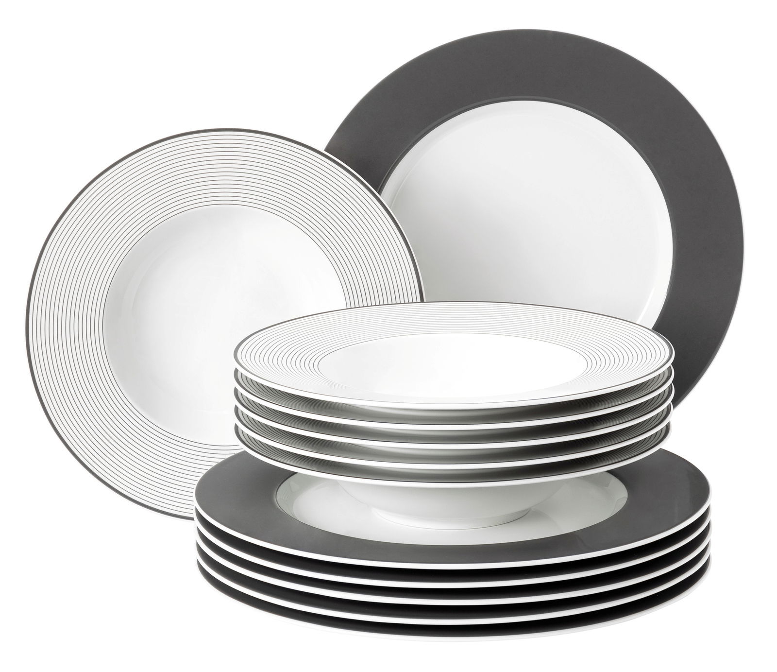 Ein 12-teiliges Tafelset mit modernen, schwarz-weißen Tellern in einer gestapelten Perspektive.