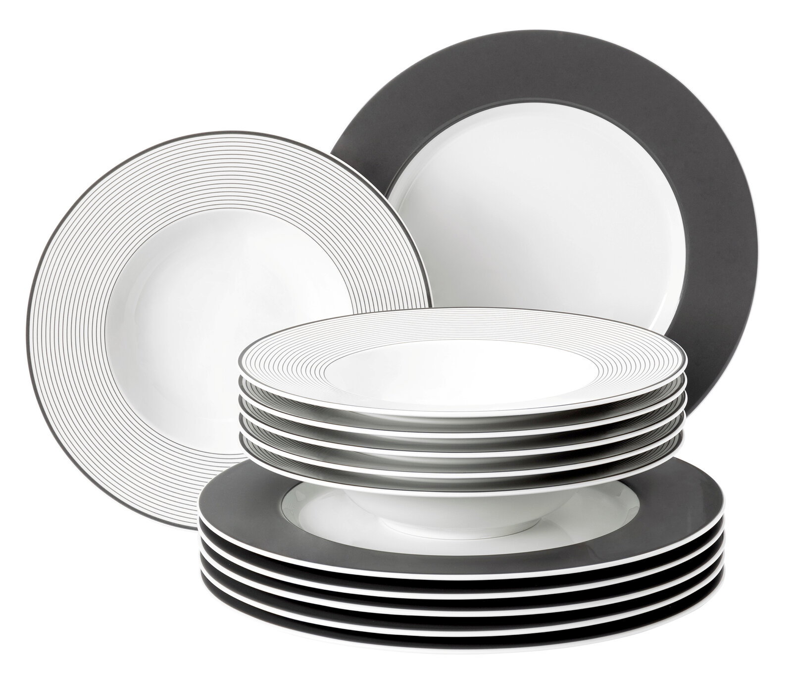 Ein 12-teiliges Tafelset mit modernen, schwarz-weißen Tellern in einer gestapelten Perspektive.