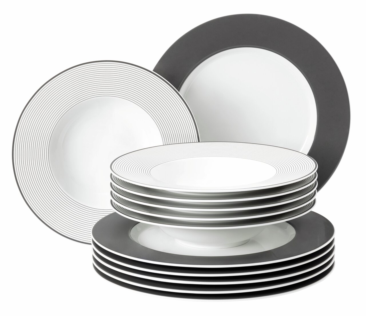 Ein 12-teiliges Tafelset mit modernen, schwarz-weißen Tellern in einer gestapelten Perspektive.