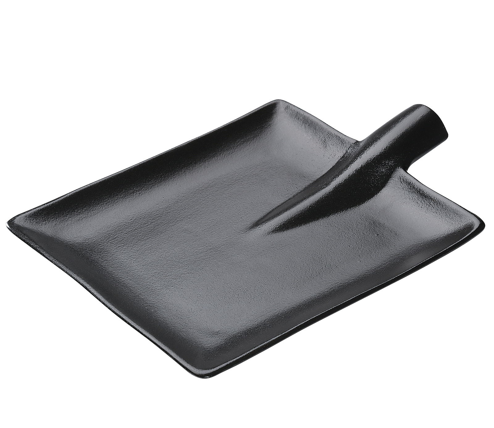 Schwarzer Steak-Servierteller in rechteckiger Form mit Griff, aus seitlicher Perspektive fotografiert.