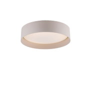 Runde weiße LED-Deckenleuchte in zylindrischer Form mit Diffusor, warmweiß leuchtend, inkl. Fernbedienung mit Dimm- und Farbtemperatursteuerung (2700–5000 K), Ansicht leicht von unten in Frontalperspektive