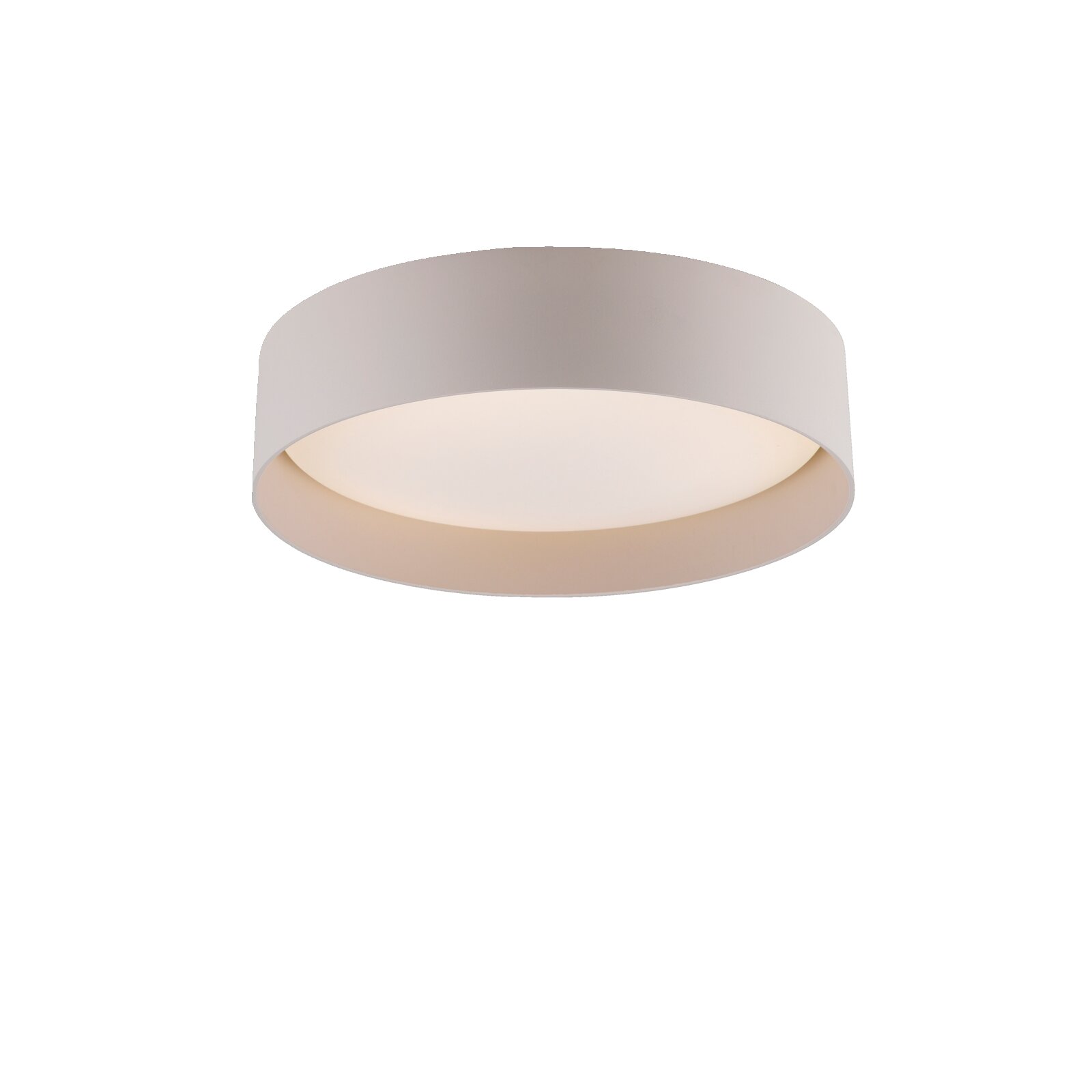 Runde weiße LED-Deckenleuchte in zylindrischer Form mit Diffusor, warmweiß leuchtend, inkl. Fernbedienung mit Dimm- und Farbtemperatursteuerung (2700–5000 K), Ansicht leicht von unten in Frontalperspektive