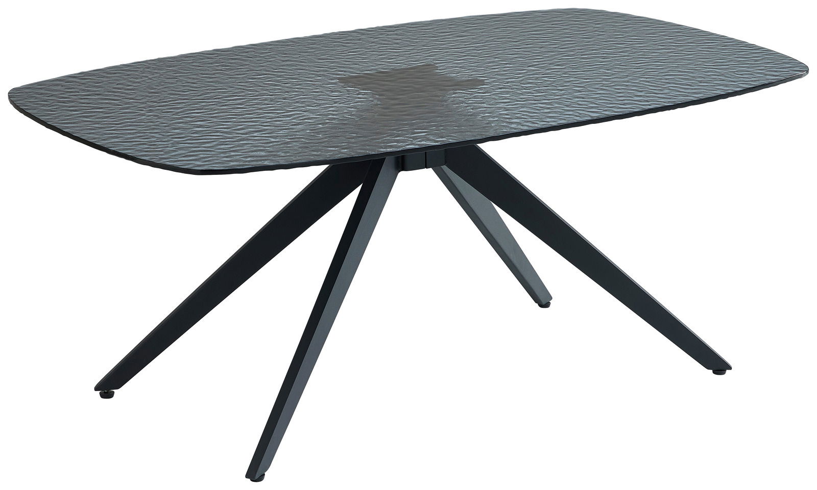 Moderner Couchtisch mit Glasplatte und schwarzem Metallgestell, seitliche Perspektive