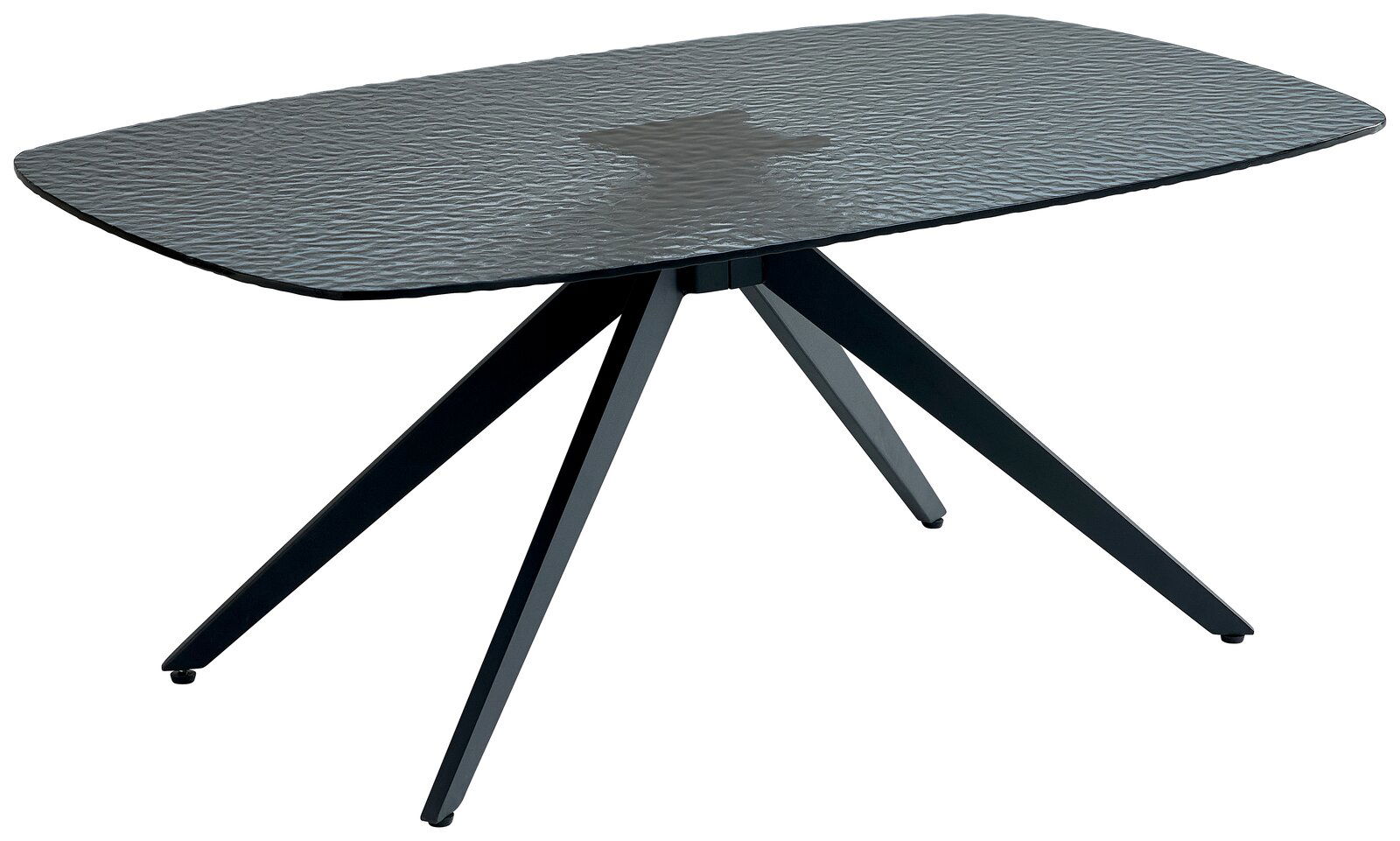 Moderner Couchtisch mit Glasplatte und schwarzem Metallgestell, seitliche Perspektive