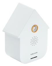 Weiße moderne Soundbox in Form eines kleinen Hauses, seitliche Perspektive