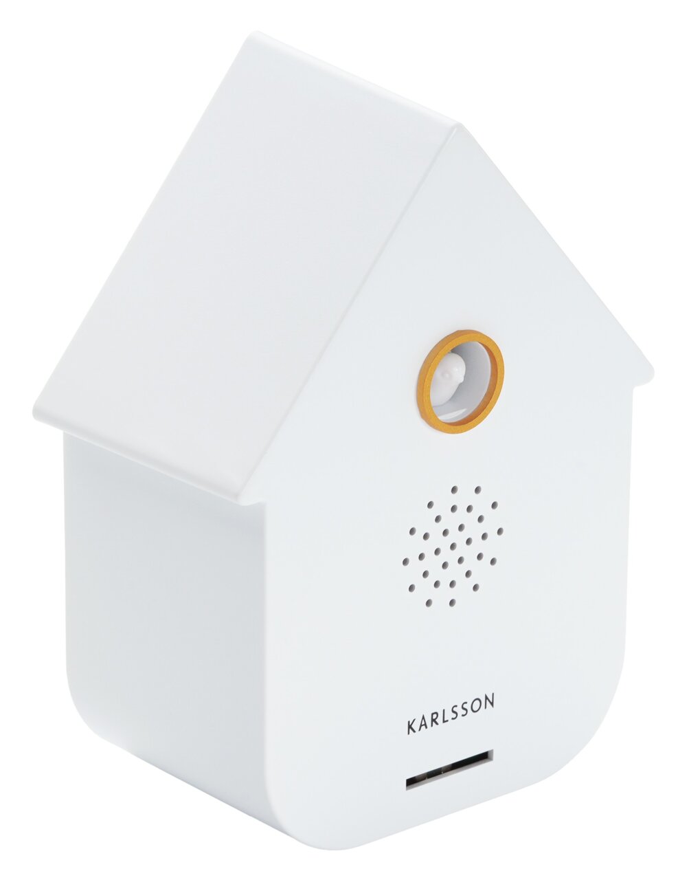 Weiße moderne Soundbox in Form eines kleinen Hauses, seitliche Perspektive