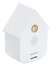 Weiße moderne Soundbox in Form eines kleinen Hauses, seitliche Perspektive