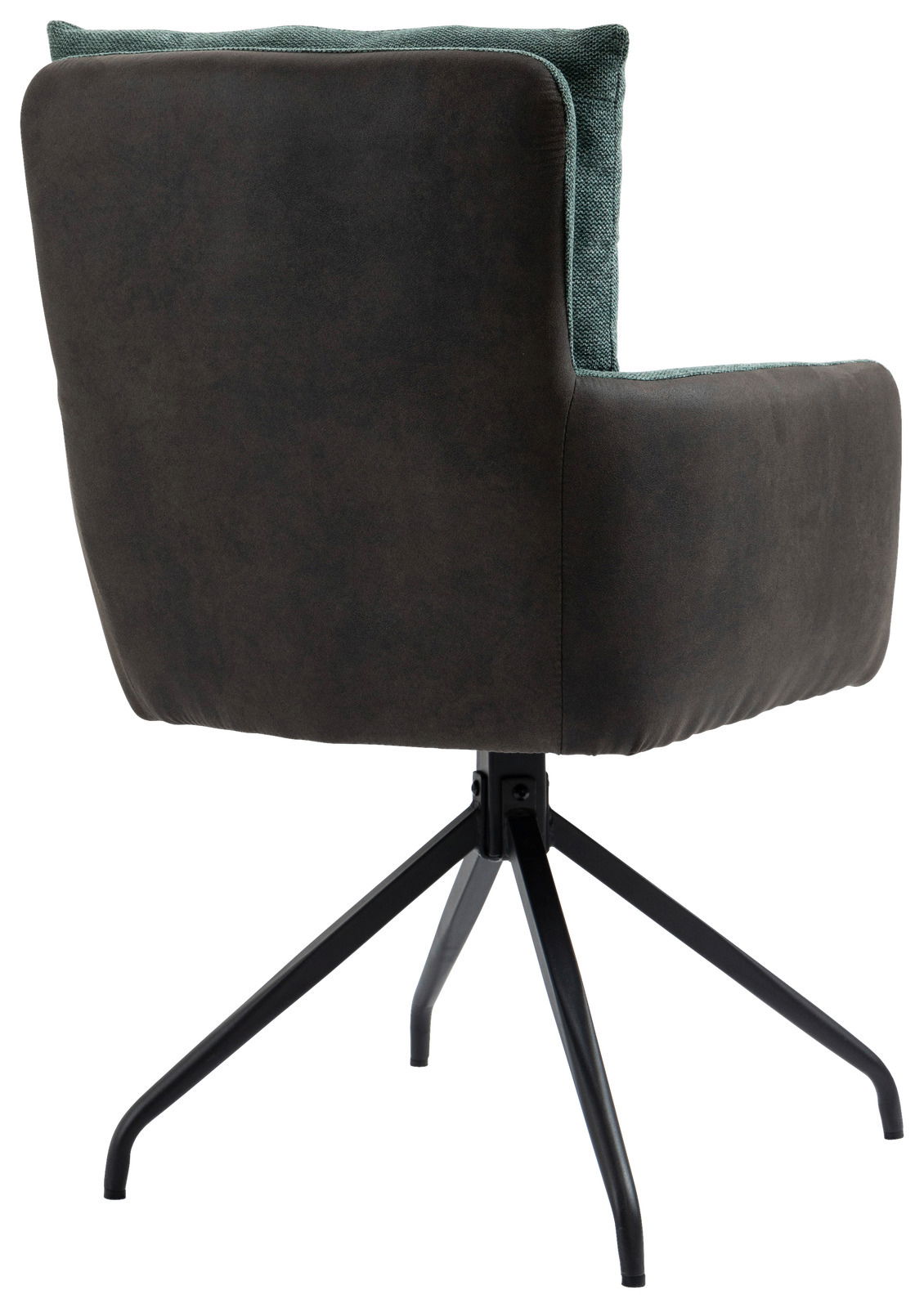 Rückansicht eines modernen Sessels mit schwarzem Stoffbezug und schwarzem Metallgestell.