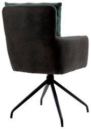 Achterkant van een moderne fauteuil met zwarte stoffen bekleding en een zwart metalen frame.