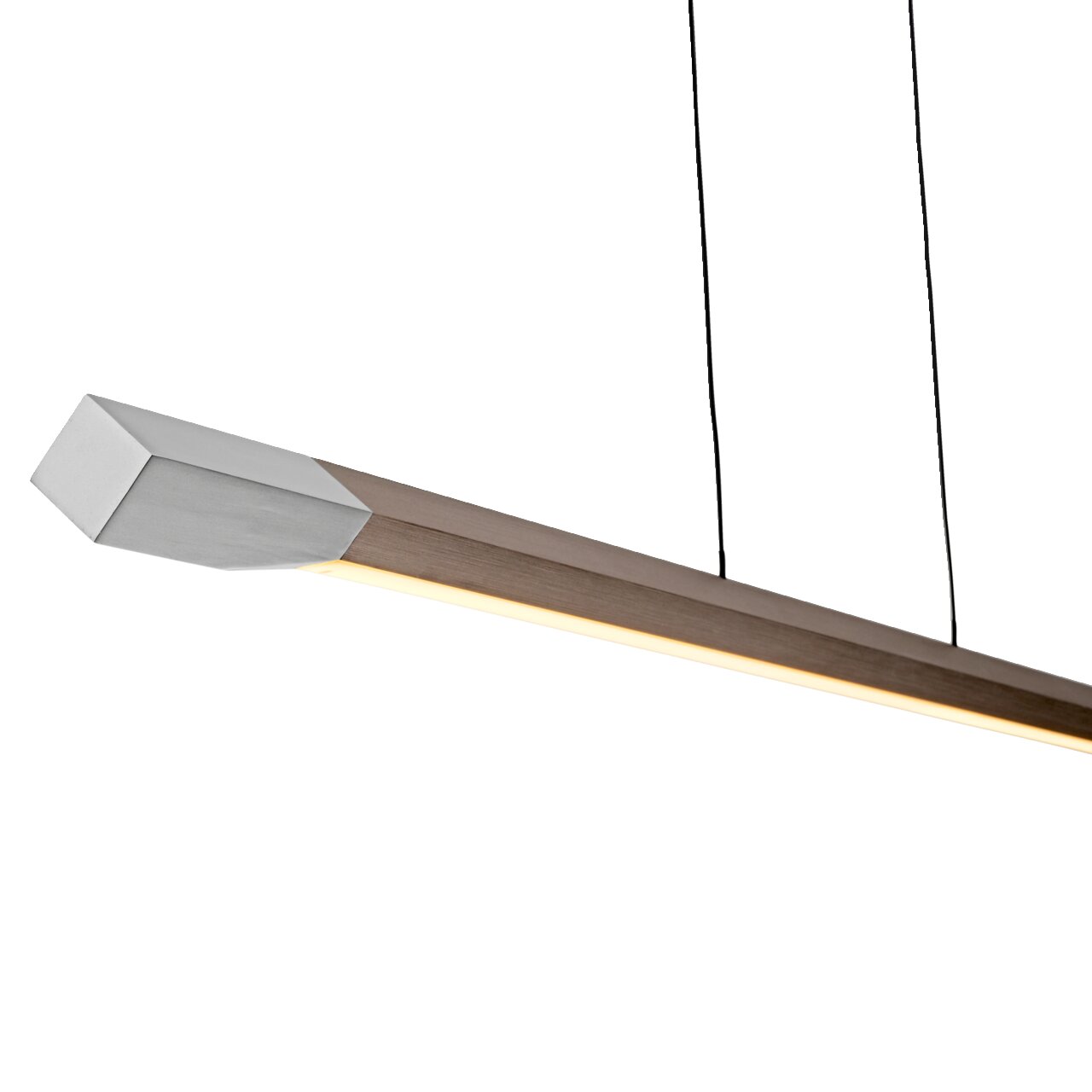 Moderne LED-Pendelleuchte in seitlicher Perspektive mit schlankem, rechteckigem Design und Holzoptik.
