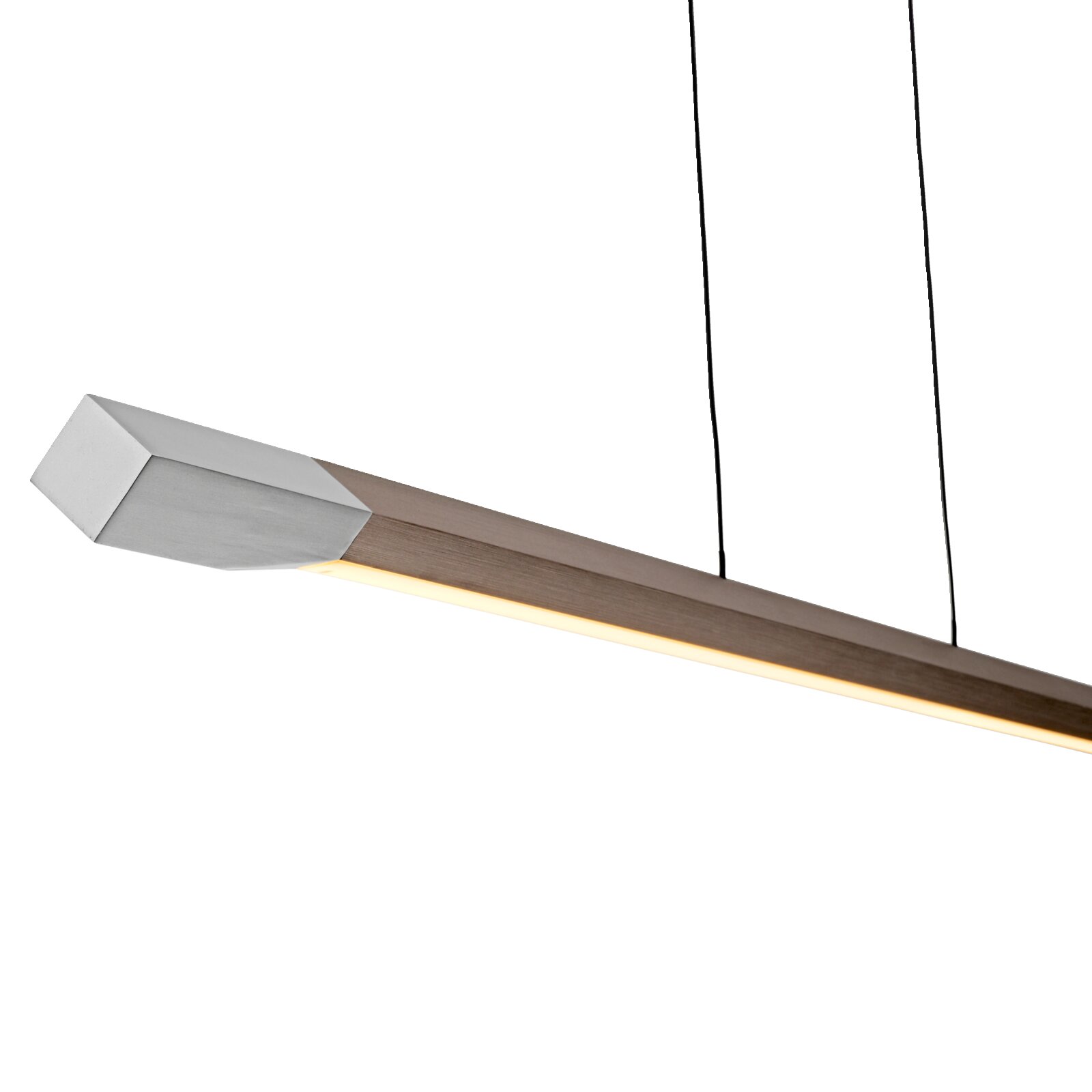 Moderne LED-Pendelleuchte in seitlicher Perspektive mit schlankem, rechteckigem Design und Holzoptik.