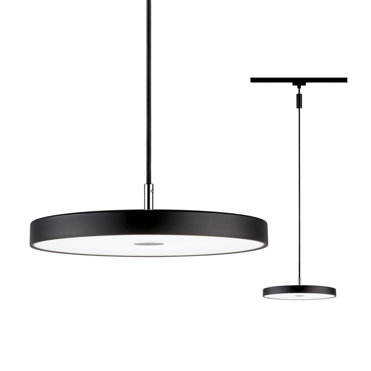 Moderne schwarze Pendelleuchte Hildor in Seitenansicht, mit schlankem, rundem Design und weißem Diffusor.