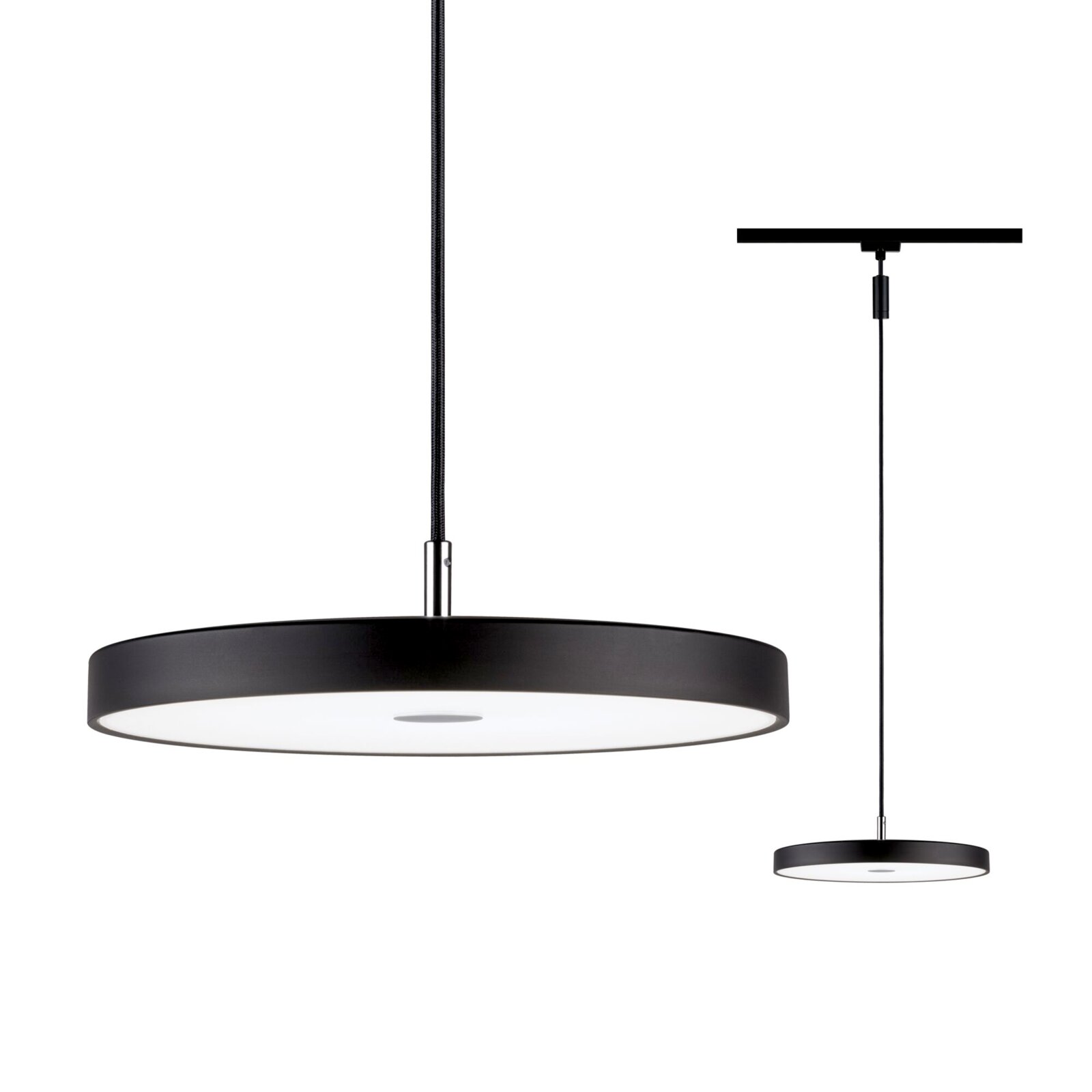 Moderne zwarte hanglamp Hildor in zijaanzicht, met een slank, rond ontwerp en een witte lichtverspreider.