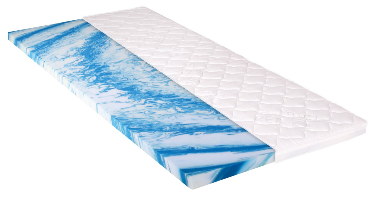 Gelschaumtopper mit blau-weißer Marmorierung und gestepptem weißen Bezug, seitliche Perspektive