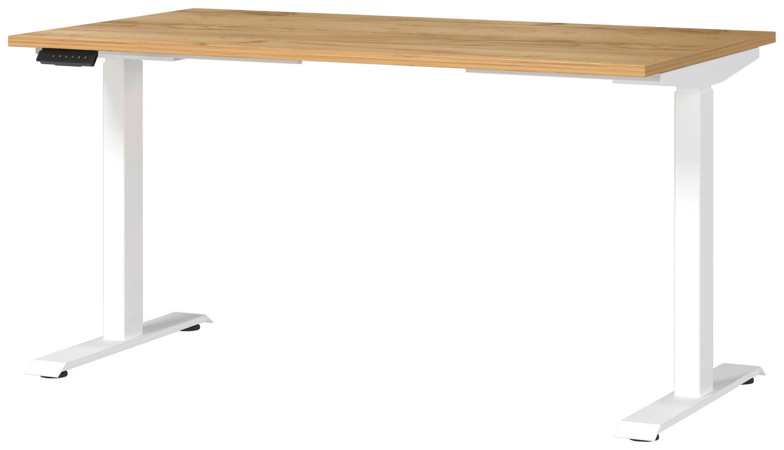 Moderner E-Schreibtisch mit Holzoberfläche und weißen Metallbeinen, seitliche Perspektive