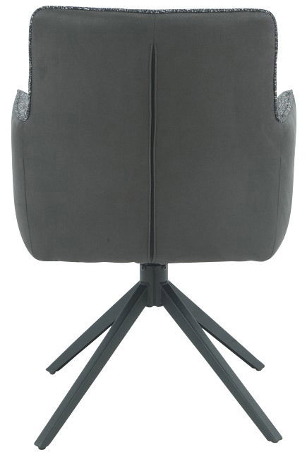 Rückansicht eines modernen Armlehnstuhls mit schwarzem Stoffbezug und vierbeiniger Metallbasis.