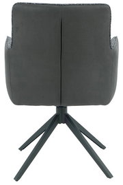 Rückansicht eines modernen Armlehnstuhls mit schwarzem Stoffbezug und vierbeiniger Metallbasis.