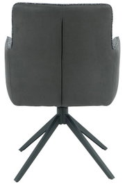 Rückansicht eines modernen Armlehnstuhls mit schwarzem Stoffbezug und vierbeiniger Metallbasis.