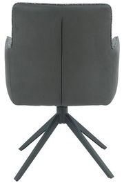 Rückansicht eines modernen Armlehnstuhls mit schwarzem Stoffbezug und vierbeiniger Metallbasis.