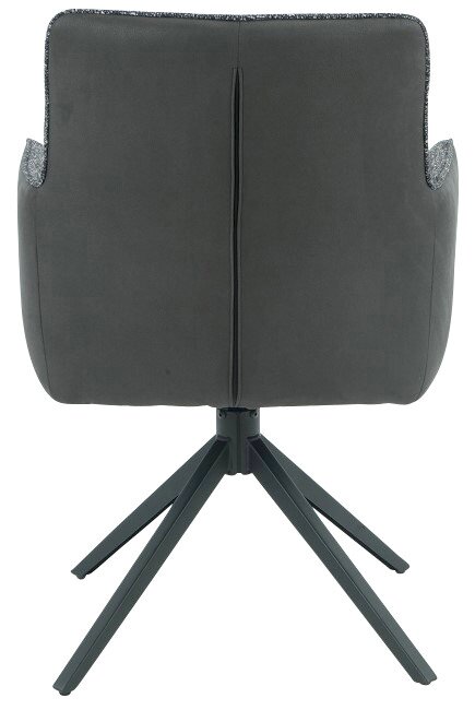 Achterkant van een moderne fauteuil met zwarte stoffen bekleding en een metalen onderstel met vier poten.