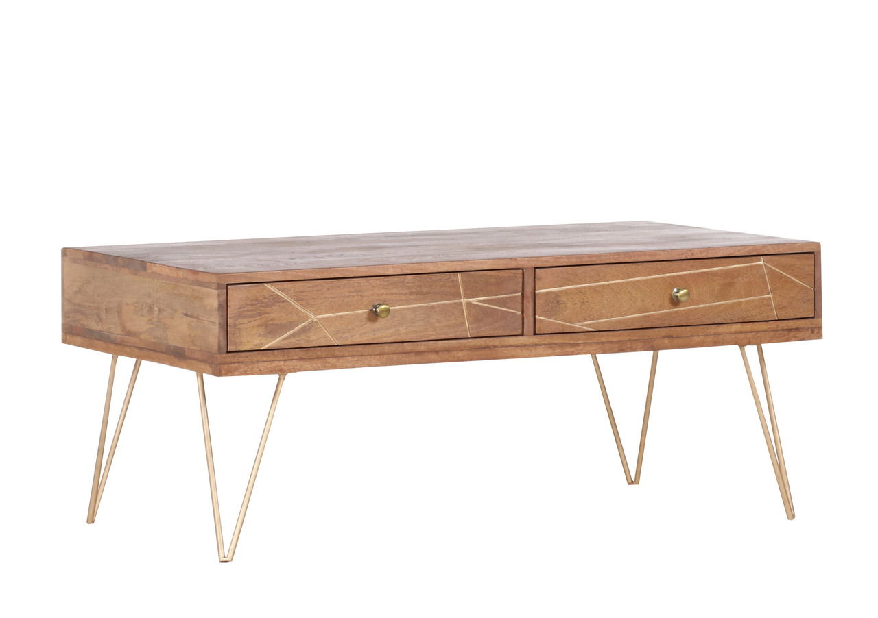 Moderner Couchtisch aus Holz mit zwei Schubladen und goldenen Metallbeinen, seitliche Perspektive