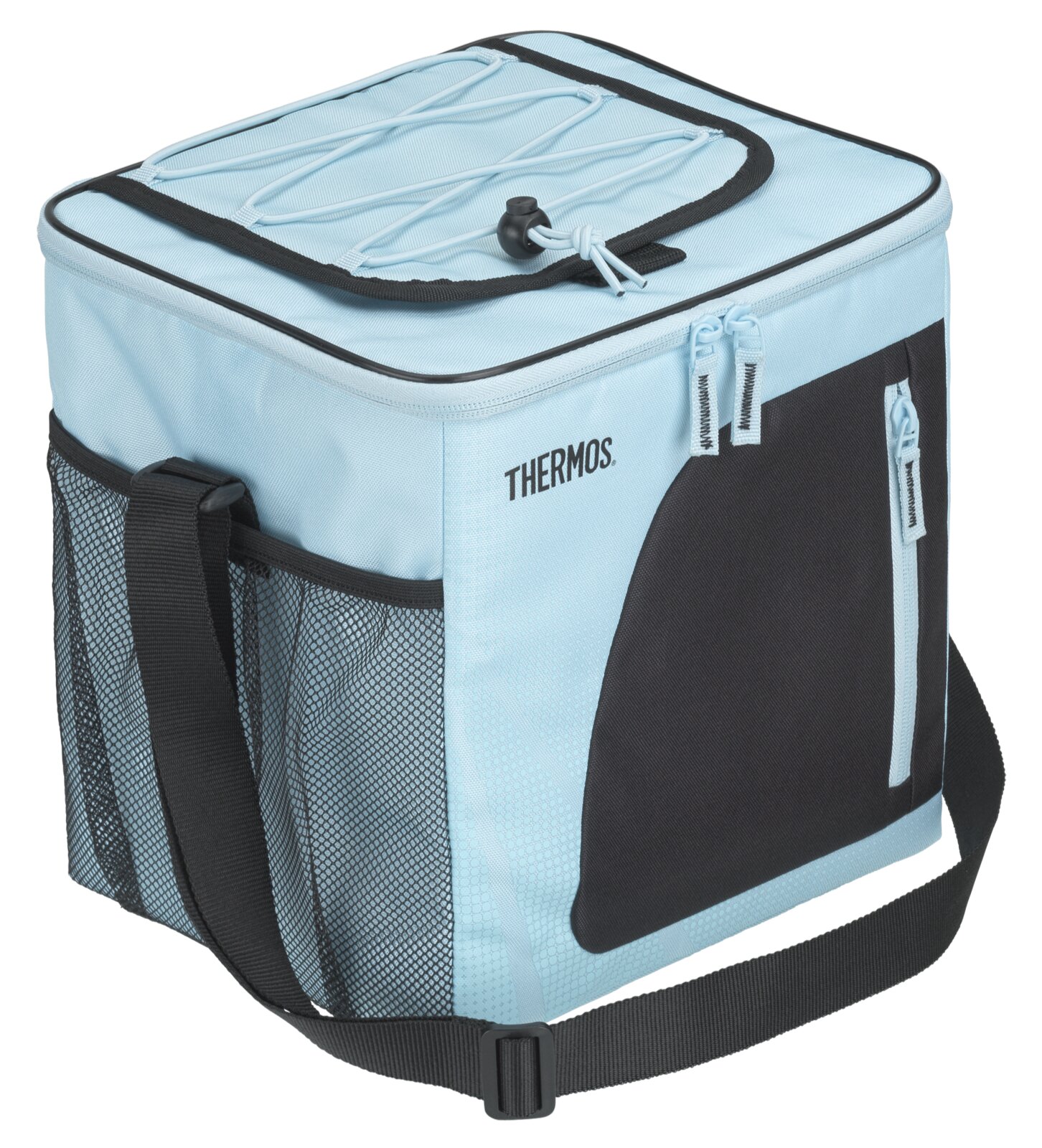 Hellblaue Thermos-Kühltasche mit schwarzen Akzenten, Schultergurt, seitlichem Netzfach und elastischer Kordel auf dem Deckel, in schräger Vorderansicht von oben