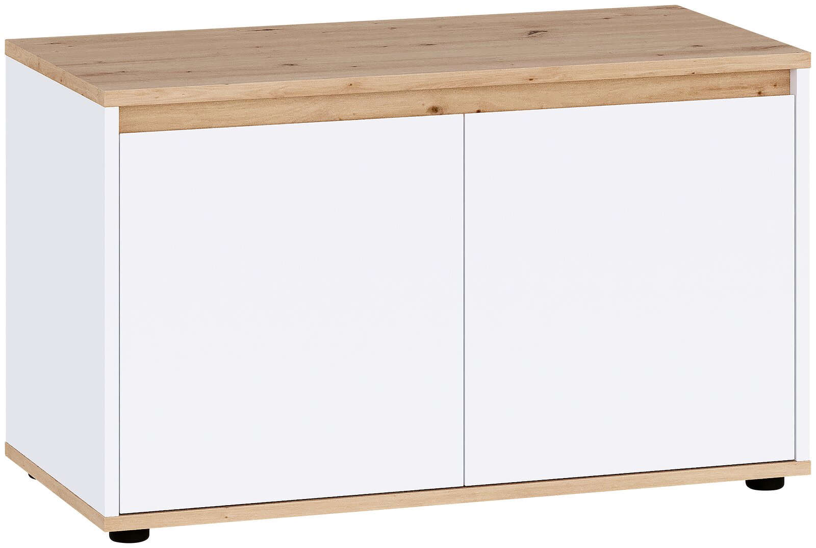 Carryhome Garderobenbank MALEA Weißes Sideboard/Schrank mit zwei Türen und Holzplatte in Eiche-Optik, freigestellt, aus leicht schräger Frontansicht (3/4-Perspektive)