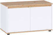 Weißes Sideboard/Schrank mit zwei Türen und Holzplatte in Eiche-Optik, freigestellt, aus leicht schräger Frontansicht (3/4-Perspektive)