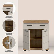 Badezimmer-Unterschrank in Holzoptik mit weißer Front, Schublade mit Vollauszug und zwei geöffneten Türen, innen verstellbare Einlegeböden und stabile Metallscharniere, Frontansicht