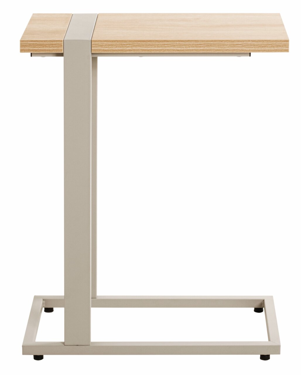 Moderner Beistelltisch mit Holzplatte und Metallgestell, seitliche Perspektive