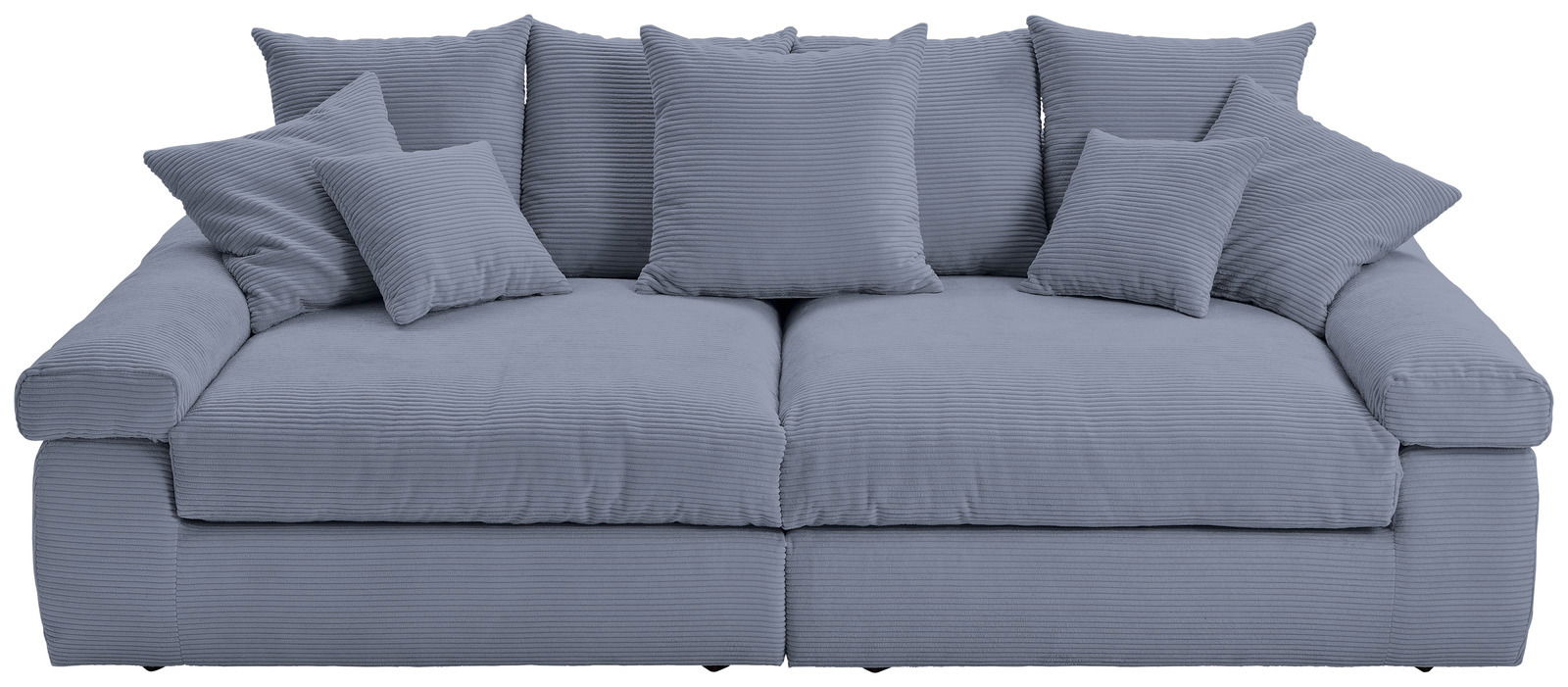 Großes, graues Big-Sofa mit mehreren Kissen, Vorderansicht