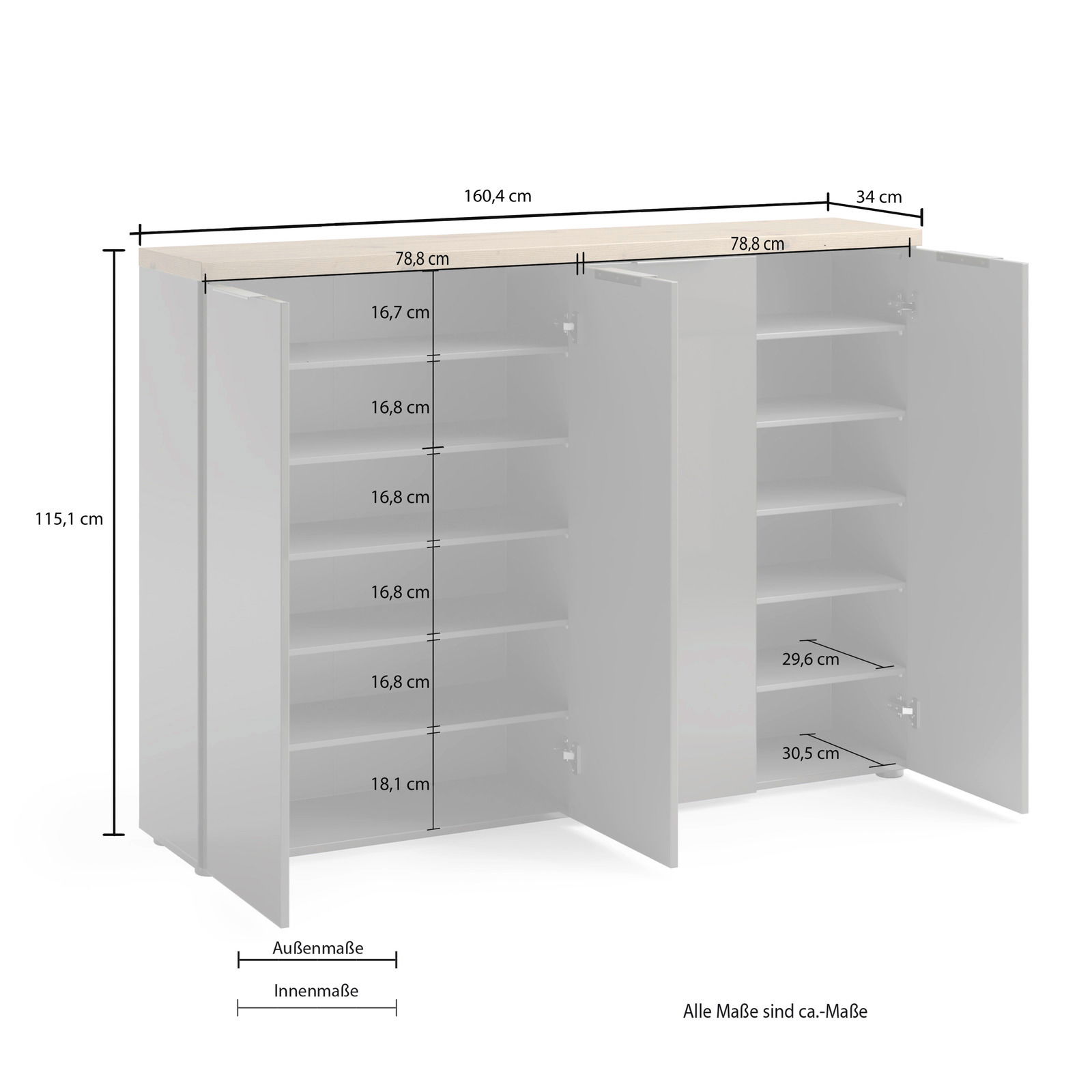 XXL-Schuhschrank XORA IDEA in Weiß/Anthrazit, Frontansicht mit geöffneten Türen, zeigt Innenfächer und Maße.