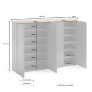 XXL-Schuhschrank XORA IDEA in Weiß/Anthrazit, Frontansicht mit geöffneten Türen, zeigt Innenfächer und Maße.