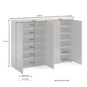 XXL-Schuhschrank XORA IDEA in Weiß/Anthrazit, Frontansicht mit geöffneten Türen, zeigt Innenfächer und Maße.